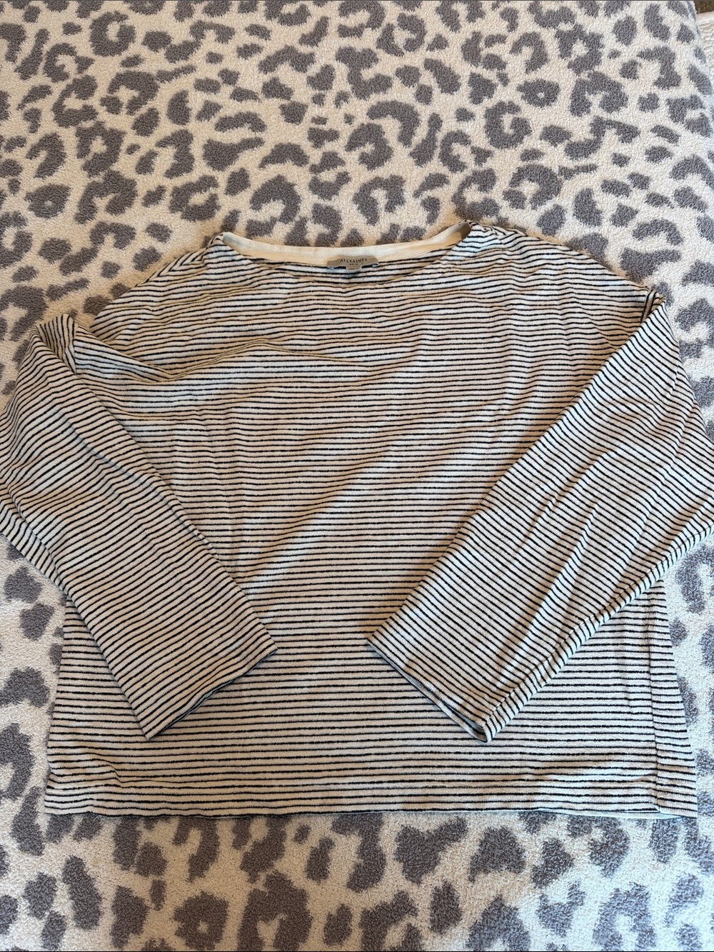 AllSaints Striped Long Sleeve Tee in Cream and Black